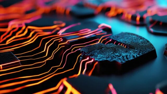 Digital Realm: A close-up view unveils a network of interconnected circuits and digital pathways. Bathed in a vibrant interplay of colors.