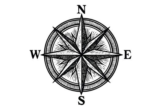 Engraved compass rose illustration on a white background &mdash; stock illustration.