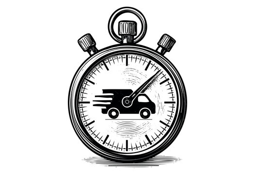 A stopwatch with a delivery truck inside represents speed and efficiency in shipping and logistics &mdash; stock vector.