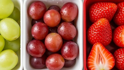 Close-up overhead shot of fresh red strawberries, red grapes, and green grapes in white containers