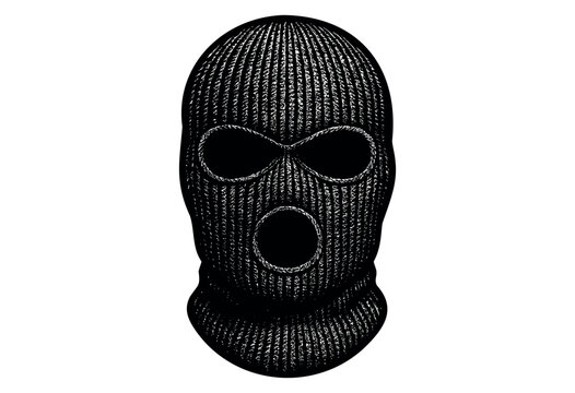 A black and white illustration depicts a knitted ski mask with circular openings for the eyes and mouth &mdash; stock illustration.