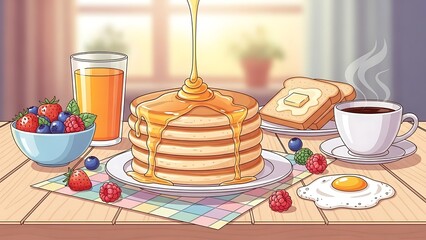 Delicious Stack of Pancakes with Syrup, Fresh Berries, Toast, Orange Juice, and Coffee for a Perfect Morning Meal