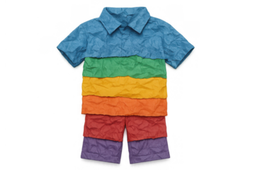 Rainbow flag colors forming a child&#x27;s shirt and shorts from crumpled paper, representing lgbt pride and diversity on transparent background