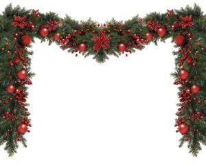 Christmas Garland Frame with Red Ornaments, Isolated on White