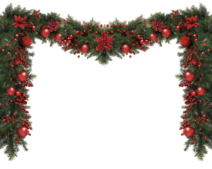 Christmas Garland Frame with Red Ornaments, Isolated on White