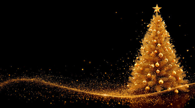 golden christmas tree with lights on black background on the right, horizontal banner, free space for text and copy, sparkling Christmas tree illustration for card, banner, poster - Powered by Adobe