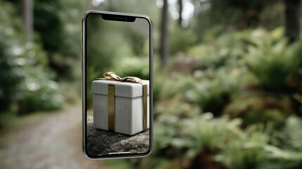A smartphone with an augmented reality (AR) experience showing a gift box on the screen, set against a forest background, a concept of AR technology used for product presentation or advertising.
