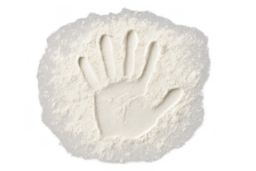 Handprint embedded in white flour, representing human identity and individuality on a transparent background