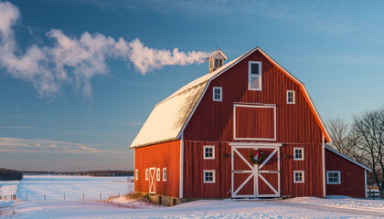 Rustic Red Barn Adorned with Holiday Wreath Standing Proudly Against Snow Blanketed Farmland and Brilliant Winter Sky