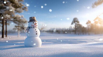 Obraz premium Traditional snowman wearing hat and scarf in sunlit snowy winter field