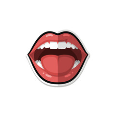 Naklejka premium Open Mouth With Pink Lips And White Teeth Showing Tongue Against Black Background With White Outline And Shadow Effect