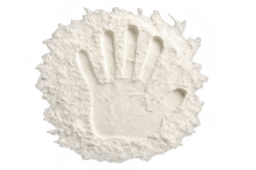 Handprint impression in white flour powder, symbolizing creativity, baking, identity, childhood memory, and human connection on transparent background