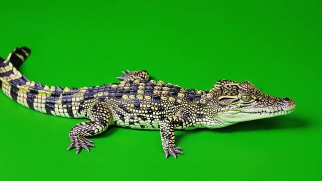 Crocodile resting on a green background with patterned skin and a striped tail visible in full view crocodile green screen video
