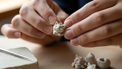 Artisan hands creating whimsical clay animal figurines with precision
