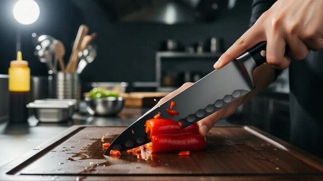 Dynamic close up of chef expertly dicing vibrant red pepper with professional Santoku knife