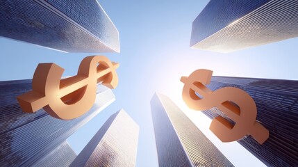 Towering financial skyscrapers captured from a low angle, showcasing modern architecture with dollar symbols emphasizing economic growth and prosperity