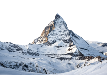 Majestic snow-capped mountain peak rises dramatically, showcasing rugged rock faces and pristine white slopes illuminated by warm sunlight, creating a powerful and serene winter landscape