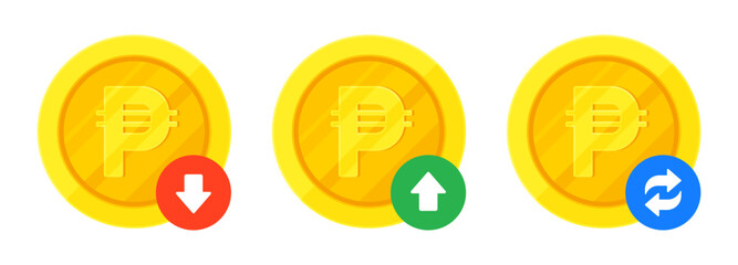 Set of  Philippine peso sign (₱) gold coins, arrows for increase, decrease, transaction. Finance, currency, fluctuation, PHP exchange concept. Flat vector illustration isolated on a white background