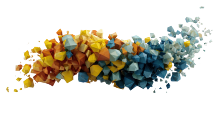Abstract low poly polygons forming a vibrant gradient from warm yellow and orange to cool blue, decomposing and scattering