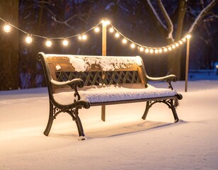 Snowy park bench, string lights illuminate the scene at night