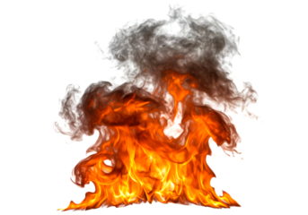 Intense burning fire with thick grey smoke rises dynamically, showcasing vibrant orange and yellow flames with powerful energy and a dramatic glow