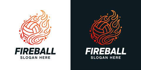 Obraz premium Fireball logo design illustration. Abstract volleyball design with fire vector symbol inspiration.