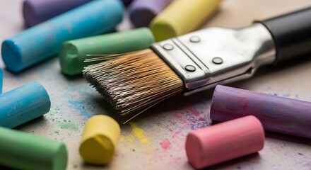 Fototapeta premium Colorful Chalk Pastels and Paintbrush Close-Up for Creative Expressions