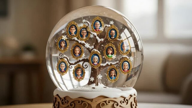 Charming family tree portraits encased in a vintage snow globe celebrating genealogy and heritage
