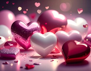 Soft and dreamy display of shiny, varying sizes of heart shapes