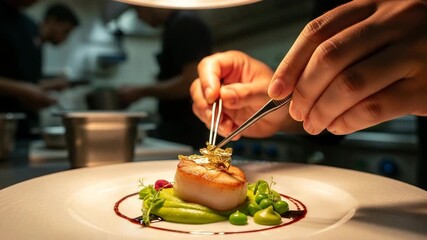 Master chef meticulously garnishing seared scallop with gold leaf presentation in a busy professional kitchen environment