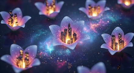 Dreamscape city blooms: a surreal fusion of urban architecture and floral serenity on nebula backdrop