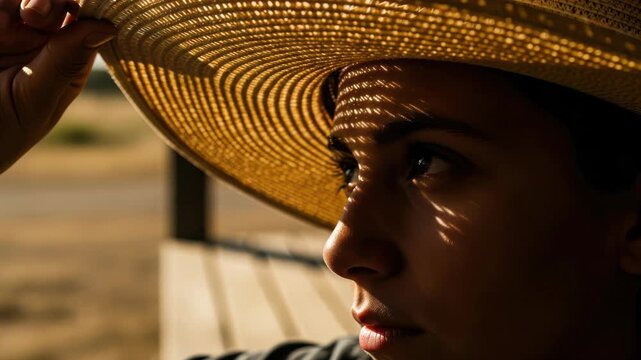 Contemplative moment of a girl with straw hat in pensive mood, capturing sunlight in a warm tone