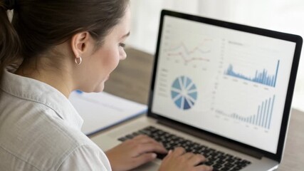 Woman working on laptop analyzing business charts and graphs with analytics data, focused on financial graphs and pie chart for report - Powered by Adobe