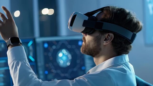 Man wearing virtual reality headset interacting with holographic interface futuristic tech lab focused immersive holographic interface technology lab
