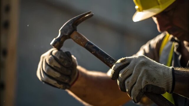 Construction worker hammering chisel and nail concrete with gloved hands wearing safety vest and helmet gripping metal tool showing focused manual