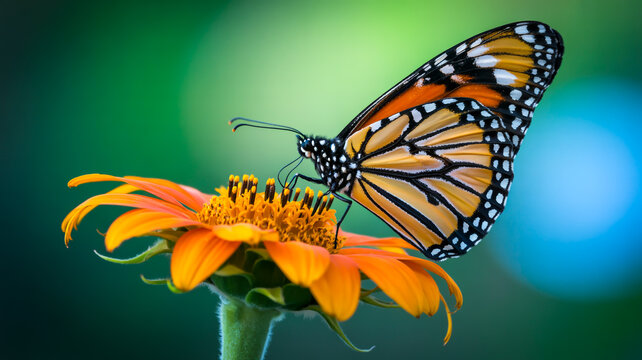 A close-up photograph of a monarch butterfly perched on an orange Mexican sunflower against a blurred gradient background of turquoise and emerald green - Powered by Adobe