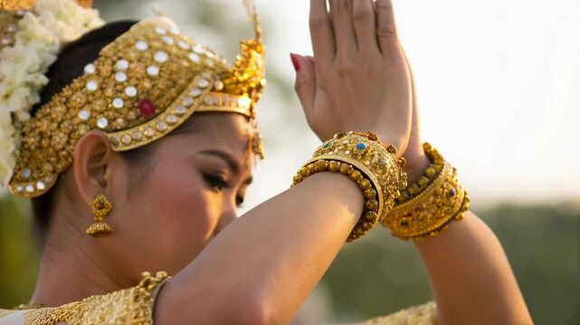 Traditional Thai dancer golden costume and ornate gold headdress and bracelet performing graceful wai gesture with folded hands expressing serene