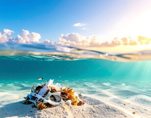 Split view Ocean pollution beneath bright sky, with sunlit water