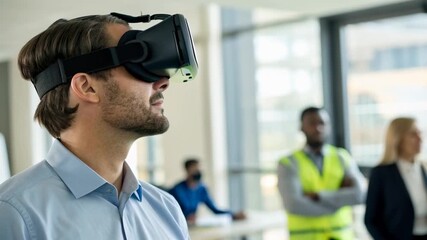 Man wearing virtual reality headset exploring architectural design visualization and immersive simulation with colleagues modern office technology - Powered by Adobe