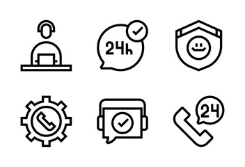 Pack de iconos de atención al cliente. Agente con audífonos, atención 24 horas, escudo feliz, engranaje con llamada, mensaje de soporte y llamada 24h. Diseño vectorial lineal © Alejandro