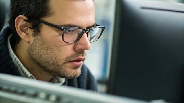 Young man wearing glasses computer office workspace focused and focused concentration thoughtful expression desktop environment with soft lighting