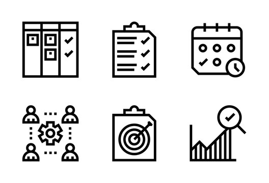 Pack de iconos de gesti&oacute;n de proyectos. Panel dividido, lista aprobada, calendario con reloj, equipo conectado, tablero con objetivo y gr&aacute;fica evaluada. Dise&ntilde;o vectorial lineal
