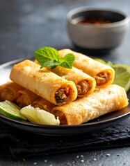 Stacked golden spring rolls with lime slices and dipping sauce