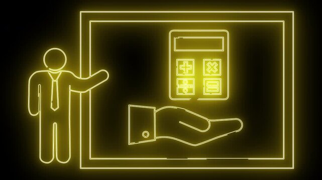 Yellow neon outline of a stick figure presenting a hand with a calculator in a rectangular frame