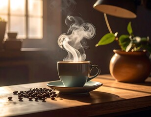 Steaming coffee in a mug on a table in sunlight with beans