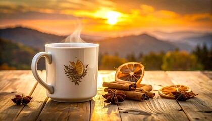 Steaming mug on rustic wood table, sunset mountains background