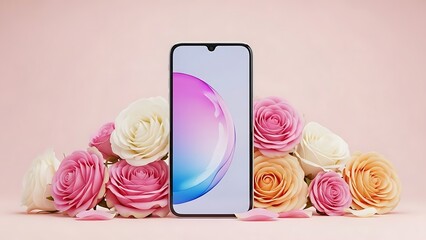 Modern smartphone displayed vertically surrounded by a beautiful arrangement of soft pink and cream roses