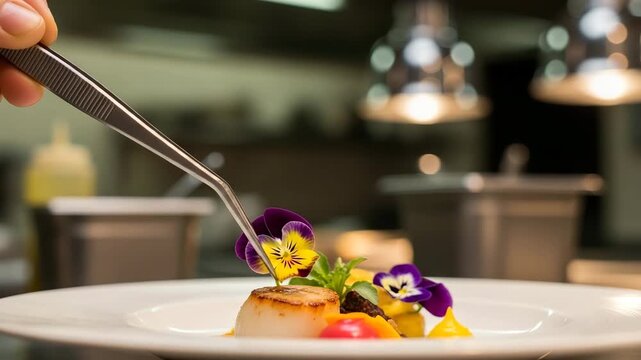 Master chef meticulously places edible flower garnish on seared scallop dish using professional plating tweezers in a dynamic kitchen setting
