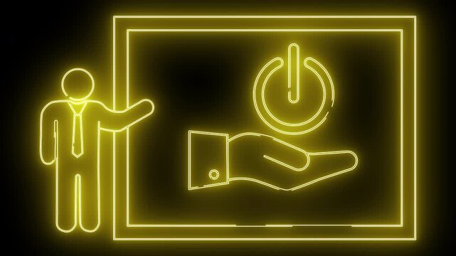 Yellow neon man presenting power button on hand in framed rectangle