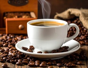 Steaming white coffee cup on saucer, surrounded by roasted coffee beans